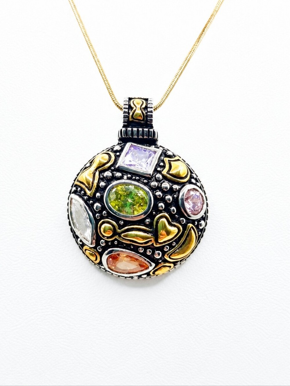 Multicolor Crystal Domed Pendant Necklace Mixed Metal Art Nouveau Boho Statement